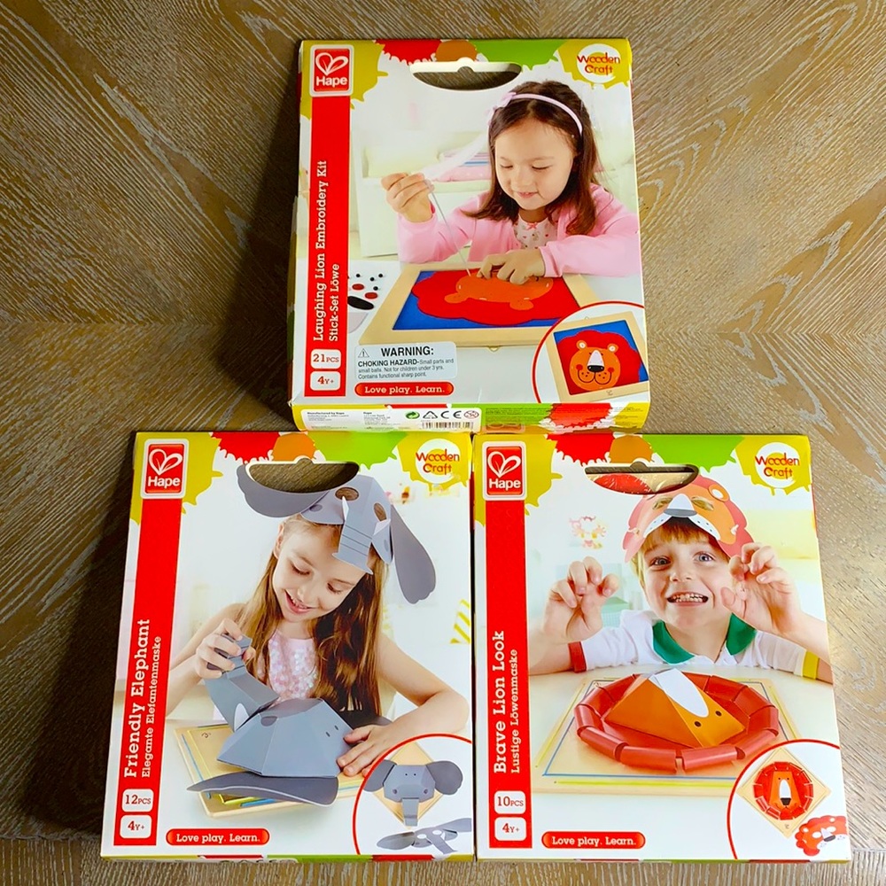 HAPE Laughing Lion Embroidery Kit + Friendly Elephant + Brave Lion Look